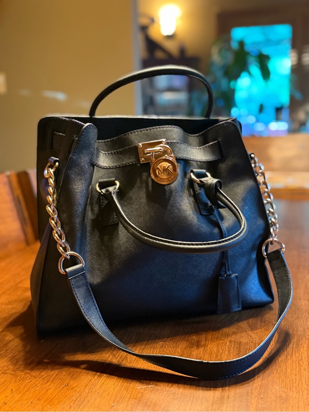Michael Kors Hamilton Black Leather Satchel with Gold Lock Hardware Pristine!!